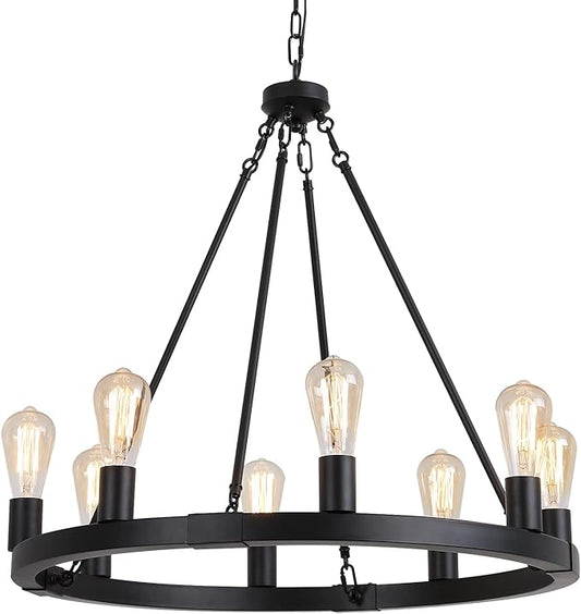 AMZASA Farmhouse 8-Lights Black Industrial Wagon Wheel Chandelier Light Fixture for Foyer Dining Room Kitchen Living Room Entryway Dia27 Inches UL Listed