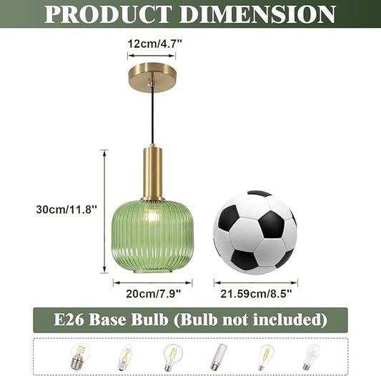 KCO Lighting Vintage Green Glass Pendant Light Kitchen Island Lighting Farmhouse Ribbed Glass Pendant Lighting Large Globe Pendant Light Fixture Brass Gold Single Ceiling Hanging Light
