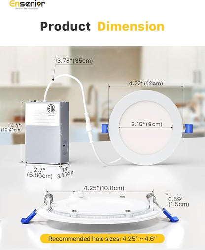 Ensenior 12 Pack 4 Inch LED Recessed Ceiling Light, Dimmable, 5000K Daylight, 750LM 9W 120V, High Brightness Canless Wafer Downlight - ETL&FCC&IC