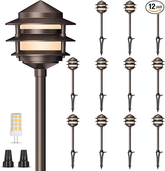 Gardencoin Pagoda Low Voltage Landscape Pathway Lights, 12V Outdoor LED Path Lights Wired, Aluminum Walkway Lighting with 4W 2700K Replaceable G4 Bulb, Bronze Classic 3-Tier Lantern, 12 Pack
