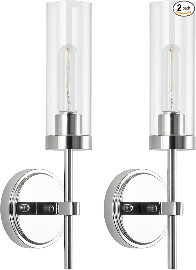 WILON Modern Wall Sconces 2 pcs, Bathroom Light Fixture with Long Clear Glass Shades, Indoor Siver Wall Lamp for Vanity Mirror Bedroom Living Room Bedside Hallway Corridor Stairs, Chrome