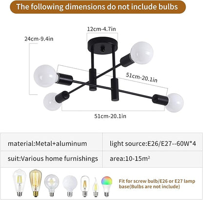 Garwarm Black Semi Flush Mount Ceiling Light Fixture, 4-Light Modern Industrial Sputnik Chandelier Light Fixture, Flush Mount Ceiling Lamp for Kitchen Dining Room Bedroom Foyer Entryway Hallway Closet