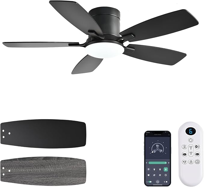 Ayaoty Ceiling Fans with Lights, 42 inch Low Profile Ceiling Fan with Light and Remote Control, Flush Mount, Reversible Motor, Dimmable, Noiseless, Black Ceiling Fan for Bedroom, Indoor/Outdoor Use