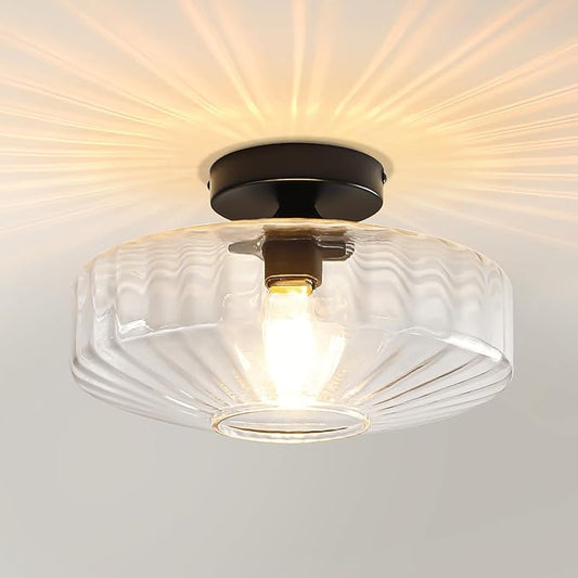 Semi Flush Mount Ceiling Light, 11.8" Vintage Clear Glass Ceiling Lights, 1-Light Mid Century Modern Drum Close to Ceiling Light Fixtures for Bedroom Kitchen Entryway Hallway Porch Foyer
