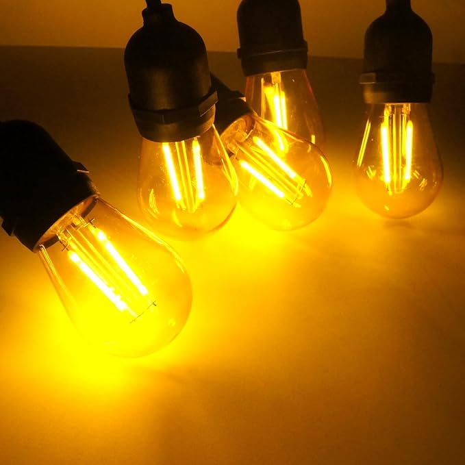 15 Pack S14 LED Yellow Light Bulbs, Shatterproof 2 Watt, Waterproof Decorative E26 Base Yellow Filament Edison Christmas Light Bulbs, 120V
