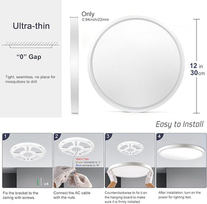12 Inch LED Flush Mount Ceiling Light Fixture, 5000K Daylight White, 3200LM, 24W, Flat Modern Round Lighting Fixture, 240W Equivalent White Ceiling Lamp for Kitchens, Stairwells, Bedrooms.etc.