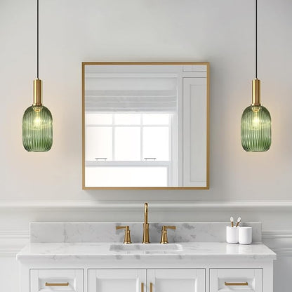 KCO Lighting Green Ribbed Glass Pendant Light Kitchen Island Small Antique Brass Ceiling Pendant Light Mid Century Modern Dining Room Hanging Light Fixture Gold Globe Pendant Lighting