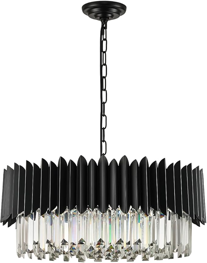 Modern Black Crystal Chandelier 24" 10-Light 5-Tier K9 Crystal Round Pendant Light Large Crystal Chandeliers for Dining Room Living Room Kitchen Island
