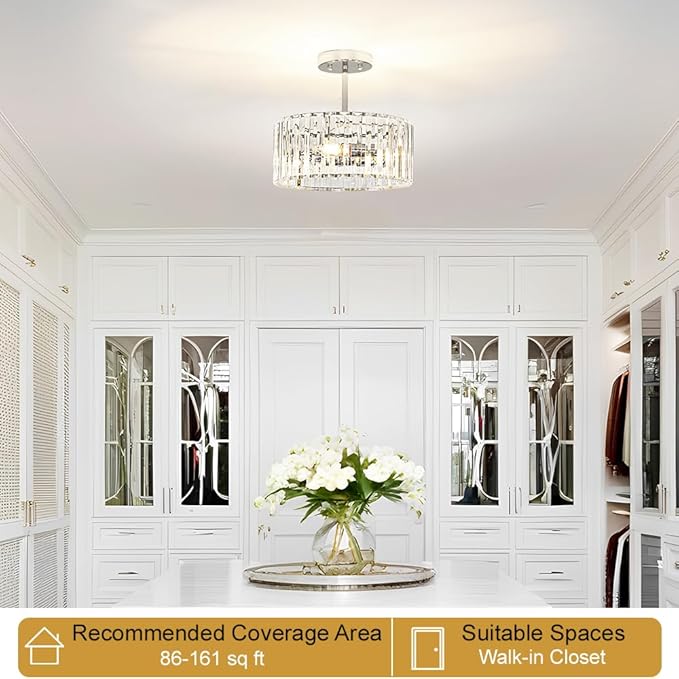 Lxybcce Modern Crystal Ceiling Light, Chrome Semi Flush Mount Ceiling Lighting Fixture, Hallway Light Fixtures Chandelier for Kitchen, Bedroom Dining Room Hallway Closet, 3-Light, 12 Inch