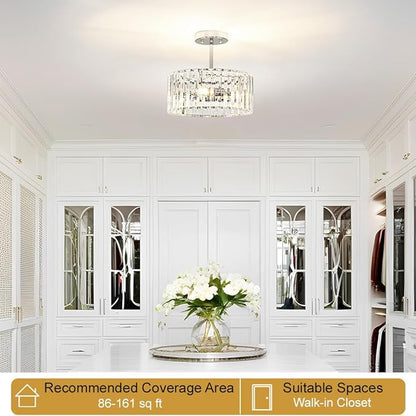 Lxybcce Modern Crystal Ceiling Light, Chrome Semi Flush Mount Ceiling Lighting Fixture, Hallway Light Fixtures Chandelier for Kitchen, Bedroom Dining Room Hallway Closet, 3-Light, 12 Inch