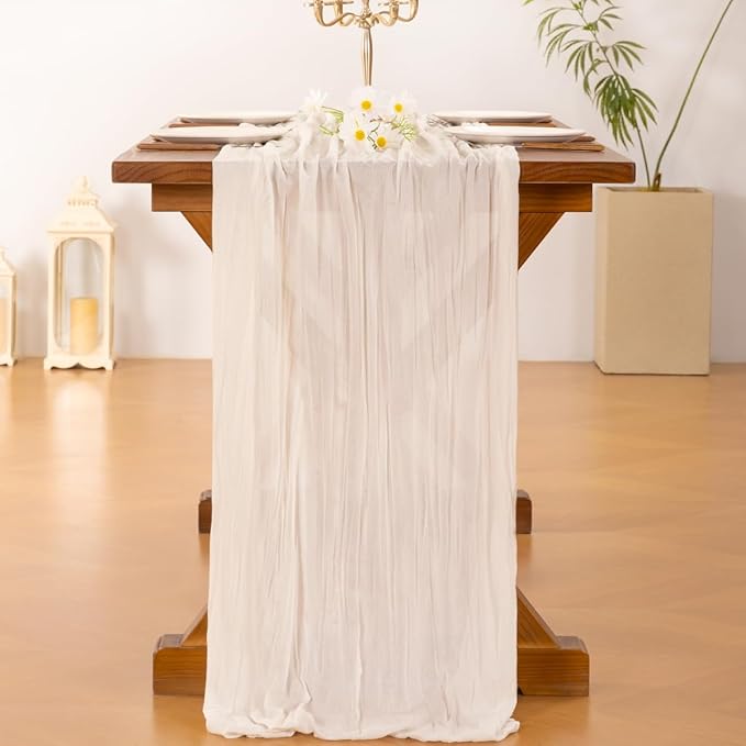 Socomi 15pcs Ivory White Cheesecloth Table Runner Summer Boho Rustic Gauze 120 inch 10FT Cheese Cloth Sheer Runner for Wedding Party Baby Shower Birthday Home Decor Holiday Decorations
