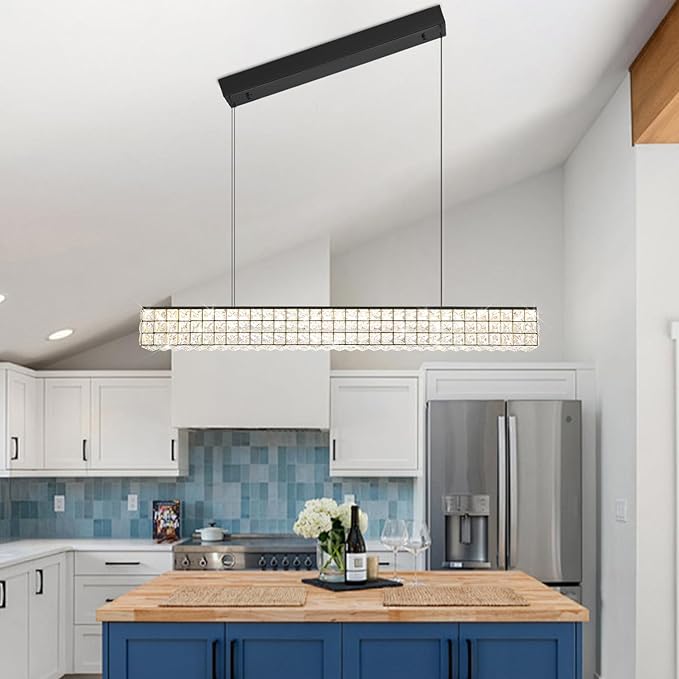 ykolupty Modern Rectangle Pendant Lights Dimmable LED Chandelier Lighting, Linear Black Dining Room Hanging Light Fixtures Kitchen Island Rectangle Chandelier for Dining Room (L 40")