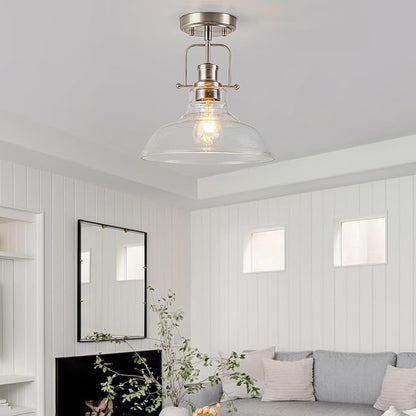 WILON Farmhouse Glass Semi Flush Mount Ceiling Light Fixture, Kitchen Lighting Fixtures Industrial Ceiling Lamp for Hallway Bedroom Kitchen Laundry Room (Brushed Nickel & Seeded, 1 Pack)