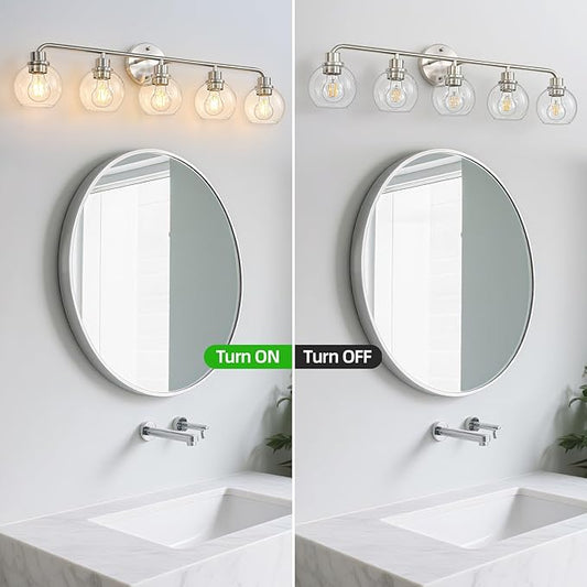 Bathroom Light Fixtures 5 Light Brushed Nickel Vanity Light Silver Modern Wall Sconces Lighting Bathroom Lights with Globe Glass Shade Bath Wall Lights for Mirror Kitchen Living Room Hallway 34.5"