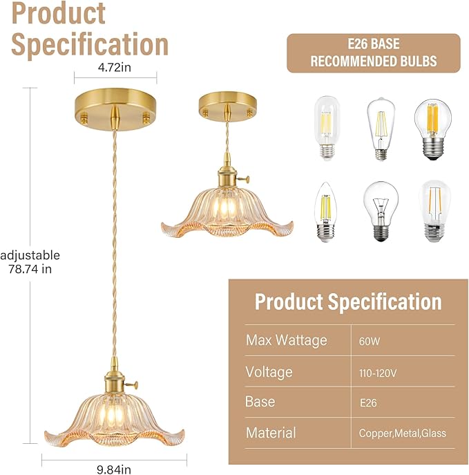 Vintage Pendant Lights Kitchen Island 3 Pack, Adjustable Pendant Light Fixtures with Amber Lily Glass Lampshade, Gold Kitchen Pendant Lighting Over Island, Pendant Light for Dining Room Hallway
