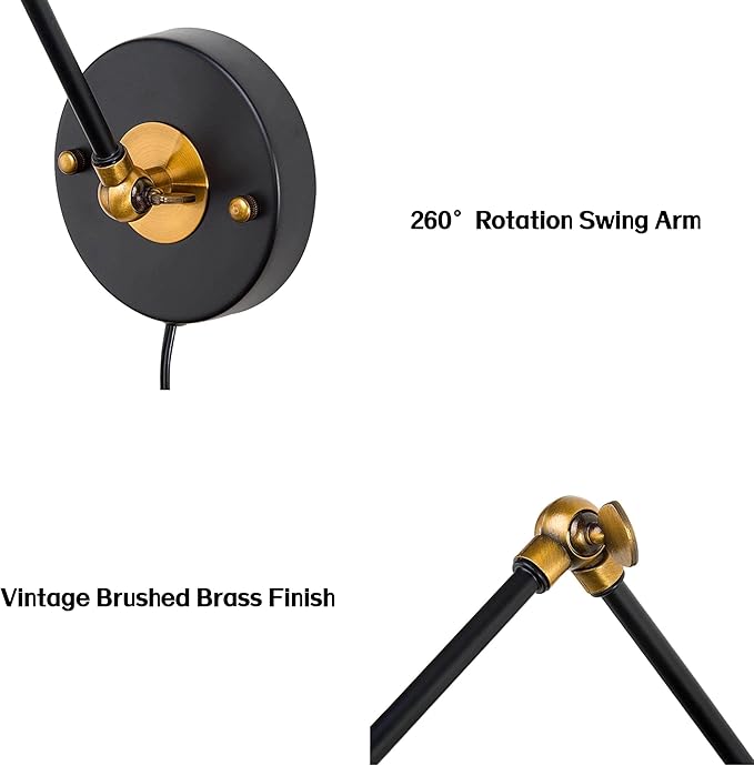LALUZ Black Wall Sconces Lighting, 2 Pack Modern Industrial Swing Arm Plug in or Hardwired Adjustable Wall Lamp with Antique Brass Finish for Bedroom, Kitchen, and Living Room
