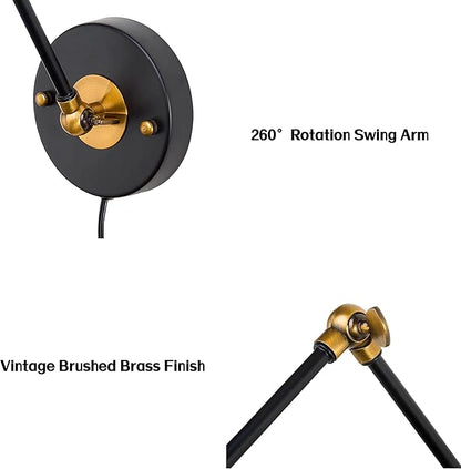LALUZ Black Wall Sconces Lighting, 2 Pack Modern Industrial Swing Arm Plug in or Hardwired Adjustable Wall Lamp with Antique Brass Finish for Bedroom, Kitchen, and Living Room