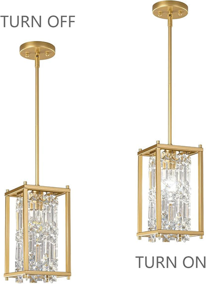 LMQNINE Modern Gold Pendant Light Fixtures for Kitchen Island, Crystal Chandelier Lights Fixture, Elegant Adjustable Pendant Lighting for Dining Room Bedroom (Square 1-Light)