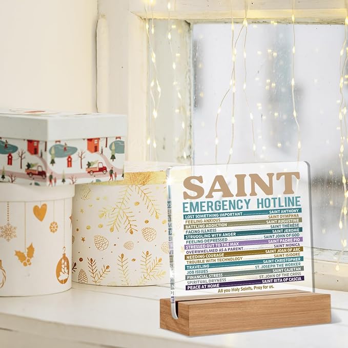 Catholic Gifts for Women Men, Christian Religious Gifts for Women Men Chaplain Coworker Friend Bestie Sister, Saint Emergency Hotline Sign, Saint Prayer Gift Acrylic Plaque Home Office Desk Decor