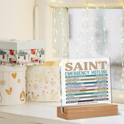 Catholic Gifts for Women Men, Christian Religious Gifts for Women Men Chaplain Coworker Friend Bestie Sister, Saint Emergency Hotline Sign, Saint Prayer Gift Acrylic Plaque Home Office Desk Decor