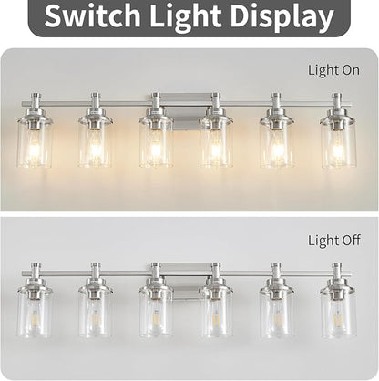 6-Light Bathroom Vanity Light, Brushed Nickel Fixtures Over Mirror, Wall Mount with Clear Glass Shade, Modern Wall Sconce