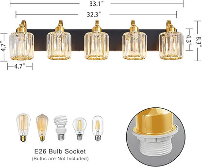 Black Gold Crystal Vanity Light Over Mirror 5 Lights Bathroom Wall Lighting Fixture with Round Shade (Exclude Bulb)