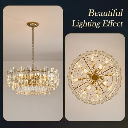 23.6" Gold Crystal Chandeliers Fully Transparent Crystal Modern3-Tier Luxury Pendant Light 12-Light Ceiling Pendant Lighting for Dinning Room Living Room Foyer