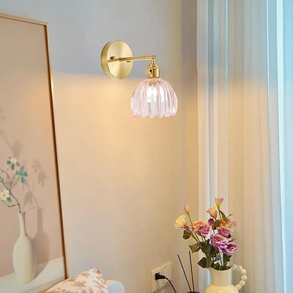 Wall Sconces Set of Two Hardwired, Vintage Sconce Light with Tulip Pink Glass Lampshade, Bathroom Wall Lights with Switch, Gold Wall Light Sconces Wall Decor Set of 2