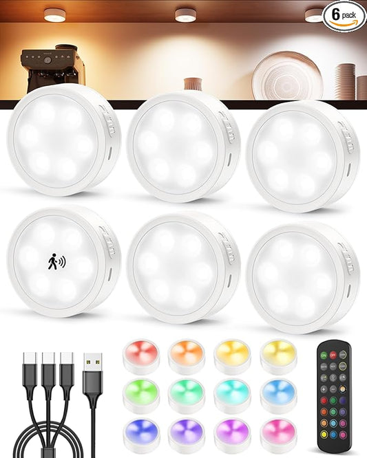 Radar Motion Sensor Puck Lights Rechargeable, Wireless RGB Under Cabinet Lighting with Remote, Color Changing Night Lights USB Magnetic Push Light for Stairs, Shelf, Showcase, Bookcase, Display