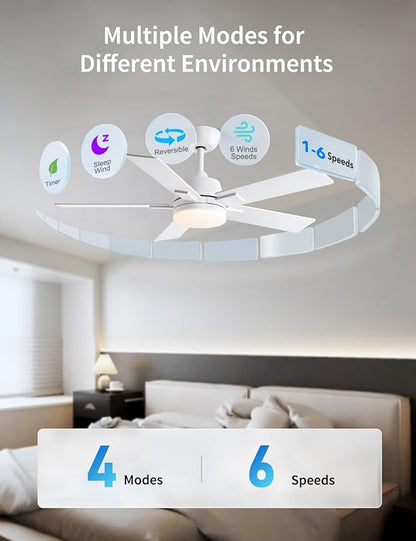 Rayqueen 42 Inch Ceiling Fans with Lights and Remote, 6 Speed Reversible DC Motor, 3CCT Dimmable LED, 5 Blades, White Modern Ceiling Fan for Bedroom, Living Room & Covered Outdoor, Includes Downrod