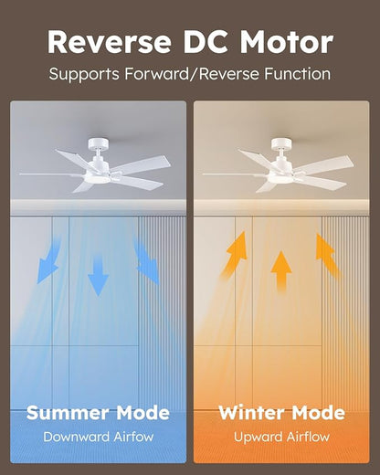 46 Inch Ceiling Fans with Lights and Remote, White Ceiling Fan, Downrod Style with 5 Blades, Modern Design For Indoor Bedroom Living Room/Outdoor, 6 Speed Reversible DC Motor, 3CCT Dimmable LED