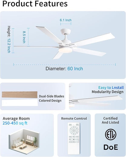 Rayqueen 60 Inch Ceiling Fans with Lights and Remote, 6 Speed Reversible DC Motor, 3CCT Dimmable LED, 5 Blades, White Modern Ceiling Fan for Bedroom, Living Room & Covered Outdoor, Includes Downrod