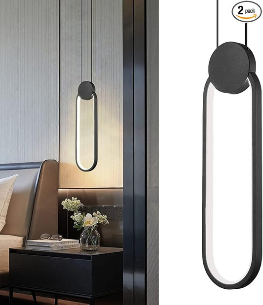 Modern Black LED Pendant Lights Fixtures, 2 Pack Minimalist Design Oval Pendant Lighting for Kitchen Island,Warm White Hanging Light for Bedroom Dining Room Bathroom 8W