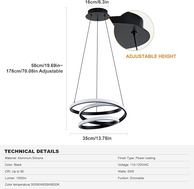 Mayful Modern Chandelier with Remote Control, 3-Color Dimmable LED Pendant Light Fixtures, Height Adjustable Kitchen Island Lighting for Dining Room,Bedroom,Living Room,Foyer,Office Black 13.78 inches