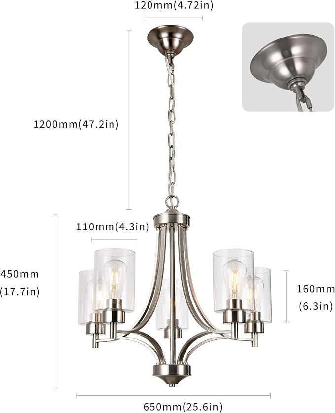 BOZO 5-Light Brushed Nickel Chandelier Modern Dining Room Lighting Fixtures Kitchen Over Table Pendant Lighting for Foyer Bedroom Bathroom Hallway with Clear Glass Shade