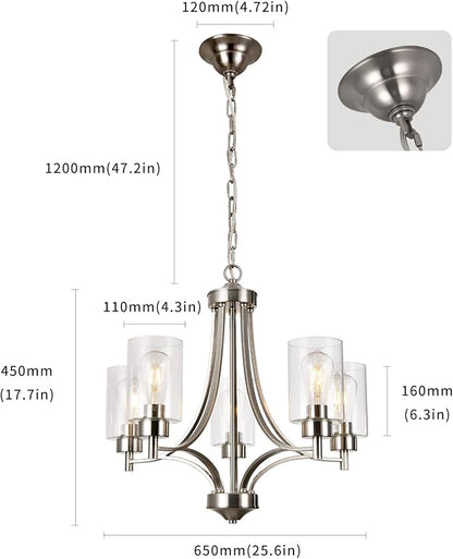 BOZO 5-Light Brushed Nickel Chandelier Modern Dining Room Lighting Fixtures Kitchen Over Table Pendant Lighting for Foyer Bedroom Bathroom Hallway with Clear Glass Shade