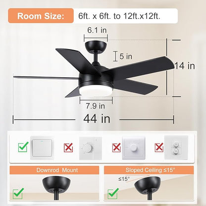 YUHAO 44 Inch Black Ceiling Fan with Light and Remote Control.Noiseless,Dimmable,3CCT,6 Speeds Reversible, DC Ceiling Fans for Indoor or Covered Outdoor Use.ETL Listed