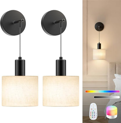 SAIMAND Battery Operated Wall Sconce Set of 2, Wireless Rechargeable Wall Lights with Remote Control, 9 Colors Dimmable LED Lamps, Modern Cordless Sconces for Bedroom Living Room Hallway(Black)