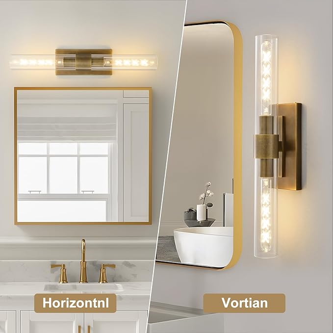23" Brass Wall Sconce with Clear Glass Shade - Rust-Resistant Vintage Light, E26 Indoor Sconce, Decorative Lighting for Bathroom Living Room Stairway Fireplace Bedroom (Bronze)