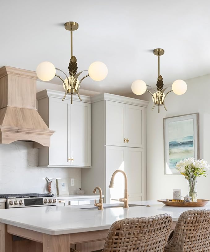 BOKT 3 White Globe Dining Room Light Fixtures Over Table Gold Brass Milk Glass Semi Flush Mount Ceiling Lights Mid Century Modern Sputnik Chandelier for Entryway Farmhouse Kitchen