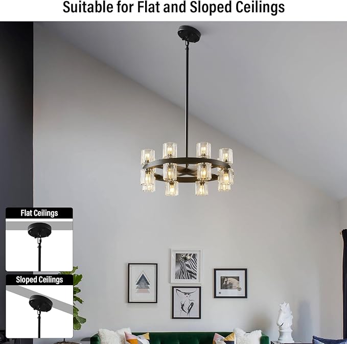 Black Wagon Wheel Chandelier, 18" Modern Farmhouse Chandelier, 16-Light Chandelier for Living Room, K9 Crystal Chandeliers for Dining Room (Bulbs Included)