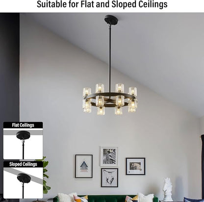 Black Wagon Wheel Chandelier, 18" Modern Farmhouse Chandelier, 16-Light Chandelier for Living Room, K9 Crystal Chandeliers for Dining Room (Bulbs Included)