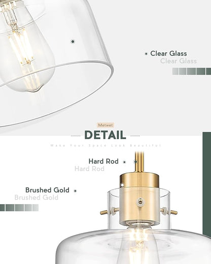 Pendant Lights Kitchen Island, 8" Brushed Gold Pendant Light Fixtures Over Island with Clear Glass Shade, Modern Brass Kitchen Island Lighting for Dining Room Entryway, PL124-BG-G-1PL