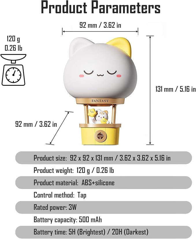 Hot Air Balloon Rechargeable Night Light, Safe Soft Silicone Material, 3 Brightness Levels, Tap Control, Warm Light, Toddler Sleeping Lamp, Bedroom Night Lamp, Gift for Baby and Kid (Cat)