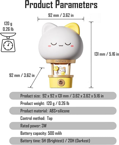 Hot Air Balloon Rechargeable Night Light, Safe Soft Silicone Material, 3 Brightness Levels, Tap Control, Warm Light, Toddler Sleeping Lamp, Bedroom Night Lamp, Gift for Baby and Kid (Cat)
