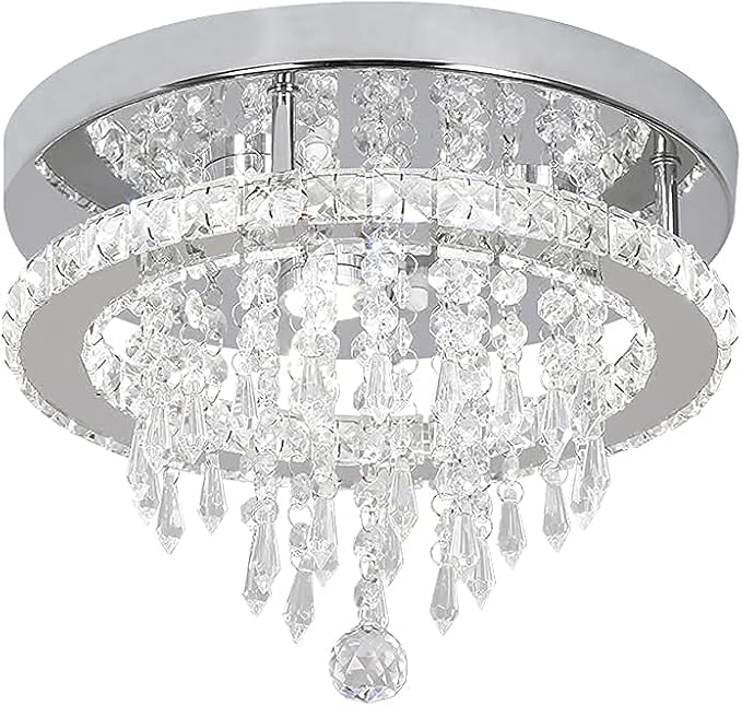 Deckrico Modern K9 Crystal Chandelier 3 LED Lights Stainless Steel Pendant Lamp Flush Mount Light Fixtures for Dining Room Bathroom Bedroom Living Room (Cool White)