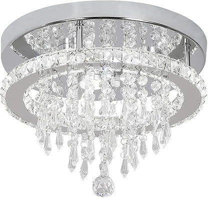 Deckrico Modern K9 Crystal Chandelier 3 LED Lights Stainless Steel Pendant Lamp Flush Mount Light Fixtures for Dining Room Bathroom Bedroom Living Room (Cool White)