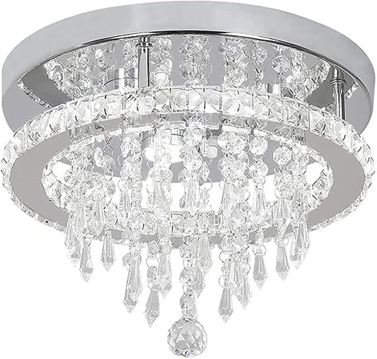 Deckrico Modern K9 Crystal Chandelier 3 LED Lights Stainless Steel Pendant Lamp Flush Mount Light Fixtures for Dining Room Bathroom Bedroom Living Room (Cool White)