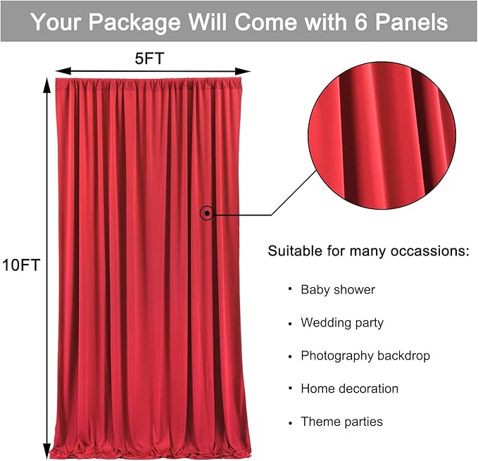 30ft x 10ft Wrinkle Free Red Backdrop Curtains for Parties, Polyester Photo Backdrop Drapes 6 Panels 5x10ft for Weddings Birthday Party Christmas Photography Background