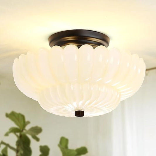 Semi Flush Mount Ceiling Light Fixture Vinatge Black Ceiling Lights Mid Century Modern Milk White Glass Close to Ceiling Lighting Fixtures for Bedroom Hallway Foyer Bathroom Kitchen Laundry Room